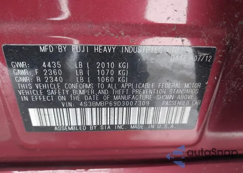 2013 Subaru Legacy 2.5I Limited из США, поврежденный, VIN 4S3BMBP69D3007309